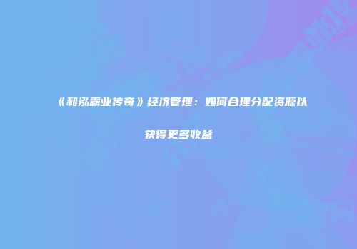 《和泓霸业传奇》经济管理：如何合理分配资源以获得更多收益