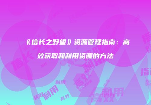 《信长之野望》资源管理指南：高效获取和利用资源的方法